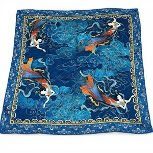 Silk Scarf 41" Asian Mythical Flying Apsara Cloud Print Blue Celestial